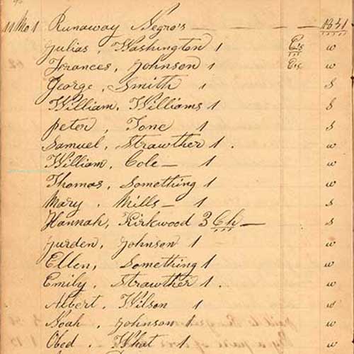 Pages 96 and 97 in Shugart’s account book (1851–53) listing enslaved people he helped usher to freedom.