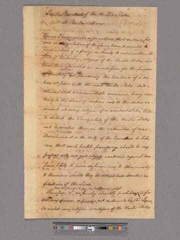 Proclamation by George Washington prohibiting the unlawful enlistment of U.S. citizens in Kentucky