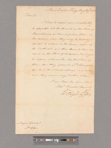 Letter from George Washington, headquarters Kings Ferry, to Major General Arthur St. Clair