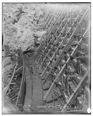 Big Creek Huntington Lake Dams - Pouring concrete at base of Dam #3, Huntington Lake. Job H