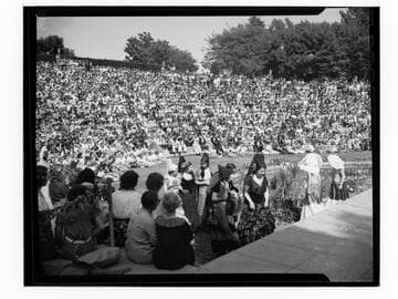 Audience and costumed players at the amphitheater at Santa Monica High School Fiesta