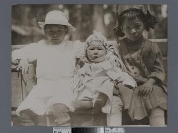 Three Chinese children sitting on a bench, Old Chinatown, Los Angeles