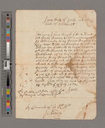 James II, King of England, letter to Sir Allen Apsley and Sir Peter Apsley