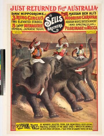 Sells Brothers :  Roman hippodrome 3 ring circus two elevated stages, 5 continent menagerie imperial Japanese troupe combined with Hassan Ben Ali's Moorish caravan Arabian nights' entertainment and spectacular pilgrimage to Mecca