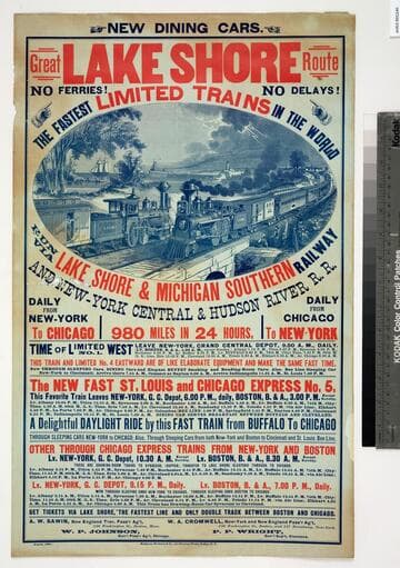 Great Lake Shore route : No ferries! No delays! The fastest limited trains in the world run via Lake Shore & Michigan Southern Railway and New-York Central & Hudson River R.R