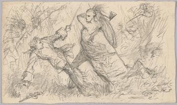 Combat between American Indian and European in Eighteenth century dress