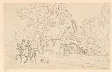 A Man and Woman on Horseback Passing a Cottage