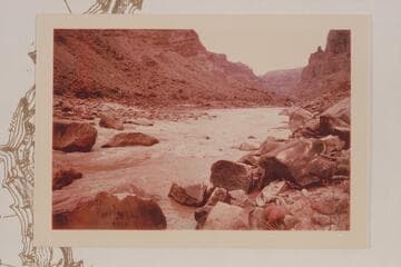 Rock at left margin trapped the Best Expedition Boat #1.  Mile 204 1/2; July 21, 1891.  One inscription is at lower left