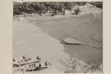 The three aluminum boats in the clear lagoon at the mouth of the Little Colorado