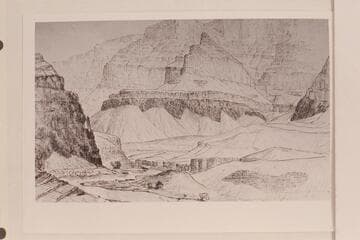 Cliffs formed by lava beds on the Colorado River about two miles south of Chuar Lava Hill.  Sketch by B. L. Young