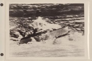 One of the Wright-Rigg Chris-Craft Kit Boats in Soap Creek Rapid.  Copy of print in album of Rosalind Johnson
