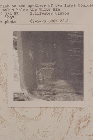 Pictograph on the up-river of two large boulders at the foot of the talus below the White Rim; Mile 22 3/4, right bank, Stillwater Canyon