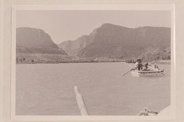 AK Reynolds, Marie and Joe Desloge float toward the Gate of Lodore; Brown's Hole, Green River.  Below Vermillion Creek
