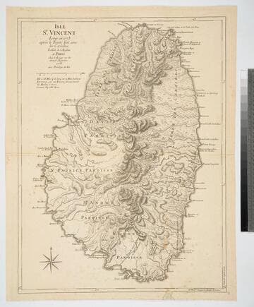 Isle St. Vincent Levée en 1773. apres le Traité fait avec les Caraibes. Tradut de l'Anglois. A Paris Chez le Rouge rue des Grands Augustins. 1778. avec Privilege du Roi