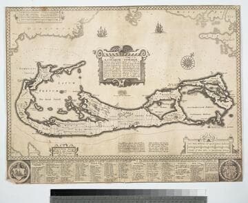 Mappa Aestivarum Insularum alias Bermudas dictarum : ad ostia Mexicani aestuarij iacentium in latitudine graduum 32: minutorum 25 ; ab Anglia, Londino scilicet versus libonotum 3300 miliaribus anglicanis ; et a Roanoack (qui locus est in Virginia) versus euro-notum 500 mil.; accurate descr