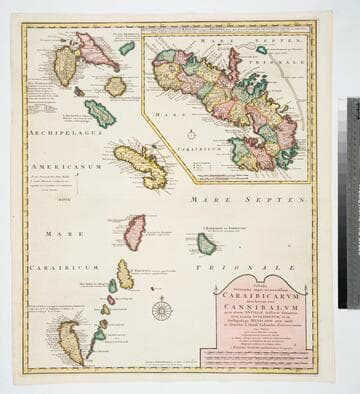 Tabula novissima atque accuratissima Caraibicarum insularum sive Cannibalum : quae etiam Antillae Gallicae dicuntur, item insulae Supraventum, et in Archipelago Mexicano sitae sunt, ac detectae a Christ. Columbo Ao. [1493] nunc demum post varios aliorum conatus ex peritissimorum nautarum tabulis ac diariis, aliisque virorum solertium observationibus de natura ac fertilitate harum insularum, diligenter confecta, et in lucem edita / a Reinero Ottens Amstelaedamensi Geographo