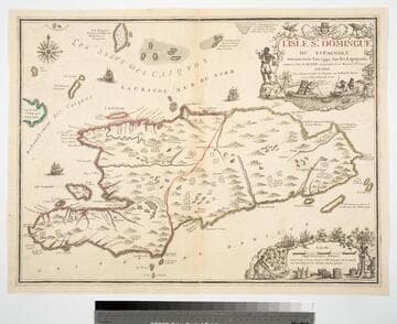 l'Isle St. Domingue ou Espagnole Decouverte l'an 1492 Par les Espagnols et Dressé Par N. de Fer. Geographe de sa Majesté Catolique A Paris Chez Danet Gendre de l'Auteur sur le Pont N. Dame a la Sphere Royale 1723