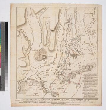 Plan of New York Island, with part of Long Island, Staten Island & East New Jersey, with a particular Description of the Engagement on the Woody Heights of Long Island, between Flatbush and Brooklyn, on the 27th of August 1776. between His Majesty's Forces Commanded by General Howe and the Americans under Major General Putnam, with the subsequent Disposition of both Armies