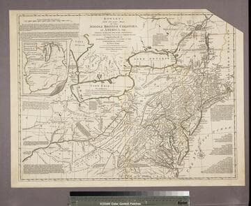 Bowles's new pocket map of the middle British Colonies, in America : viz. Virginia, Maryland, Delaware, Pensylvania, New Jersey, New York, Connecticut & Rhode Island ; comprending also the habitations & hunting countries of the Confederate Indians / by Lewis Evans. Printed for the proprietor Carington Bowles, No. 69 in St. Pauls Church Yard, London