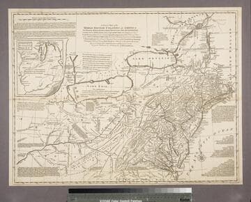 A general map of the middle British Colonies, in America : viz Virginia Maryland Delaware Pensilvania New Jersey New York Connecticut & Rhode Island ; of Aquanishuonigy, the country of the Confederate Indians, comprehending Aquanishuonigy proper, their places of residence, Ohio and Thuchsochruntie their deer-hunting countries, Couchsachrage and Skaniadarade, their beaver-hunting countries of the Lakes Erie, Ontario & Champlain and of part of New France wherein is also shewn the antient & present seats of the Indian Nations carefully copied from the original publish'd at Philadelphia by Mr. Lewis Evans