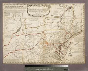 A general map of the middle British Colonies, in America : viz. Virginia, Maryland, Delaware, Pensilvania, New-Jersey, New-York, Connecticut and Rhode Island ; of Aquanishuonigy, the country of the Confederate Indians comprehending Aquanishuonigy proper, their places of residence, Ohio & Thuchsochruntie their deer-hunting countries, Couchsachrage and Skaniadarade, their beaver-hunting countries ; of the Lakes Erie, Ontario and Champlain ; exhibiting the antient & present seats of the Indian Nations / published by Lewis Evans at Philadelphia ; corrected and improved with the additions of the line of forts on the back settlements ; by Thos. Jefferys Geographer to the King