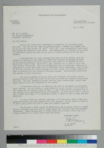 Donald Shane, director of the Lick Observatory, writes to EPH