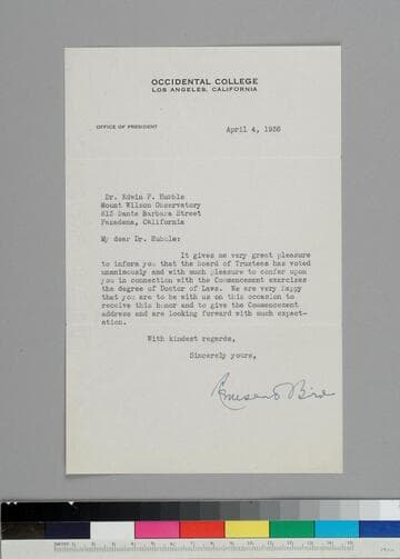 Remsen Bird, president of Occidental College, writes to EPH