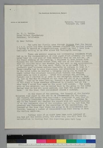 Astronomer Joel Stebbins, secretary of the American Astronomical Society, writes to EPH