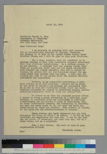 EPH writes to chemist Harold Urey