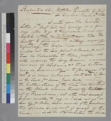 Samuel Maverick, Montpelier Pendleton District, South Carolina, letter to Thomas Jefferson