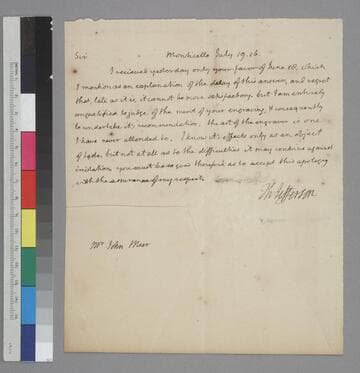 Thomas Jefferson, Monticello, letter to John Meer