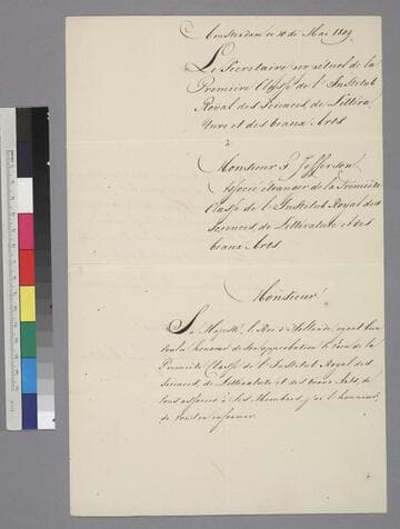 Gerardus Vrolik, Royal Netherlands Academy of Arts and Sciences, Amsterdam, letter to Thomas Jefferson