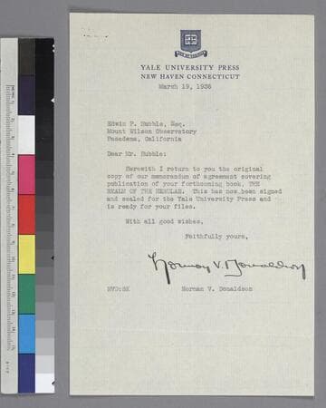 Norman V. Donaldson, of the Yale University Press, writes to EPH