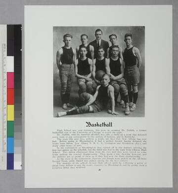 Yearbook page with the basketball team of New Albany High School, with their coach Edwin Powell Hubble
