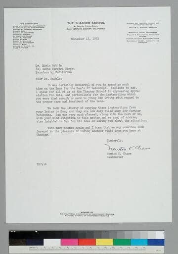 Newton Chase, Headmaster of the Thacher School, writes to EPH to thank him