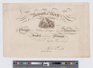 Reward of merit. Presented to William Gillespie for his attention to studies and good behavior in school by his teachers