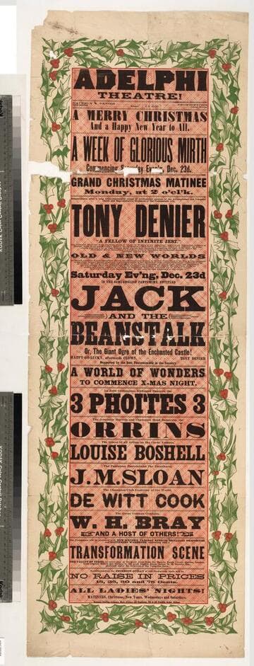 Adelphi Theatre! ... Tony Denier "A fellow of infinite jest." ... in the semi-English pantomime entitled Jack and the beanstalk