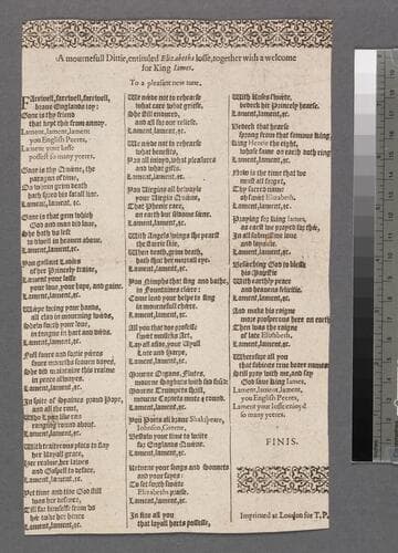 A mournefull dittie, entituled Elizabeths losse, together with a welcome for King Iames. To a pleasant new tune