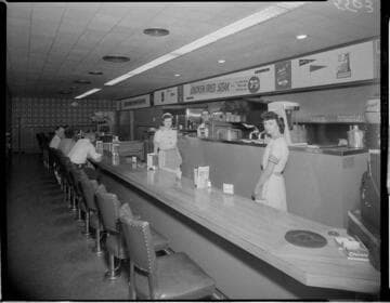 Lunch counter with waitresses behind counter