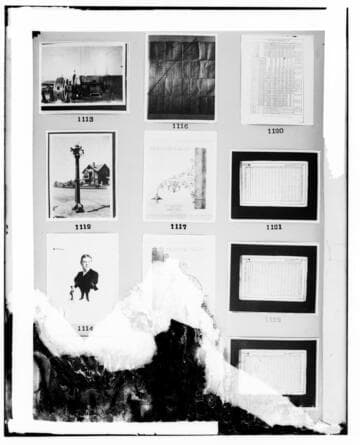 This is a multi-image negative that depicts streetlights, water works, charts & drawings. Undamaged images included on the plate are copies of original negatives: 02 - 01112; 02