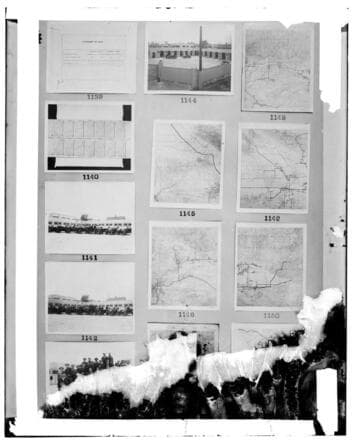 This is a multi-image negative that depicts motor pool, portraits, and charts & maps. Undamaged images included on the plate are copies of original negatives: 02 - 01139; 02
