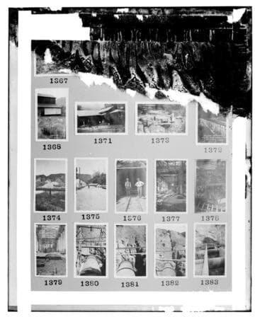 This is a multi-image negative that depicts hydro project shots of Mill Creek, and Los Angeles Powerhouse. Undamaged images included on the plate are copies of original negatives: 02 - 01368; 02