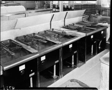 Row of deep fryers in commercial restaurant kitchen