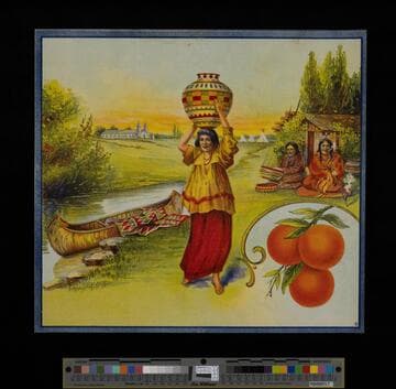 Stock label: Native American woman carrying water pot on head in Indian village