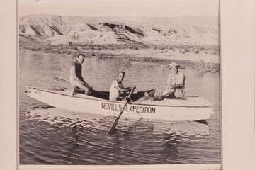 Al Milotte, Norm Nevills and Randall Henderson at Pierces Ferry at end of 1947 traverse of the Grand Canyon