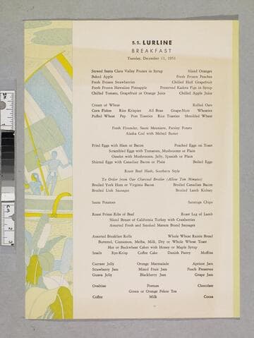S. S. Lurline breakfast menu