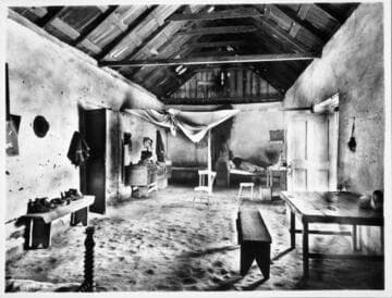 Interior of adobe house with dirt floor, built in 1845, still standing in San Juan Capistrano