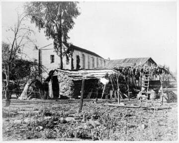 Mission San Gabriel, showing marks of first bell tower. The last of the Mission Indian Settlements