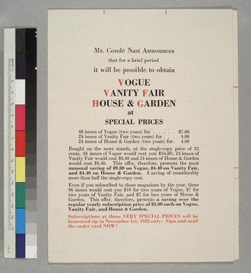 Mr. Conde Nast Announces that for a brief period it will be possible to obtain Vogue, Vanity Fair, House & Garden at special prices