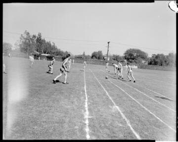 Boys playing soccer, Polytechnic Elementary School, 1030 East California, Pasadena. April 27, 1940